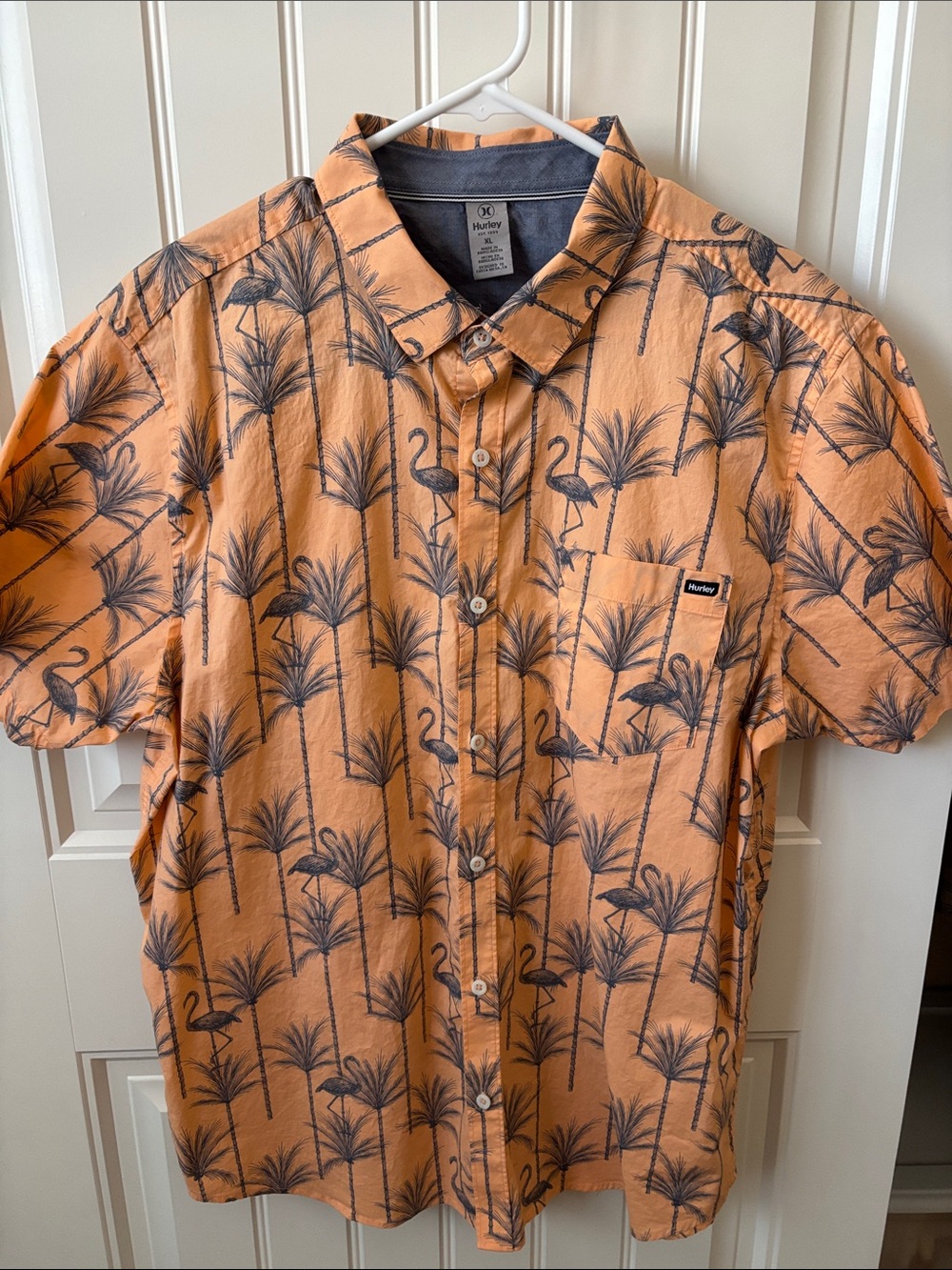 Hurley Men's Orange Palm & Flamingo Short-Sleeve Button-Up Shirt